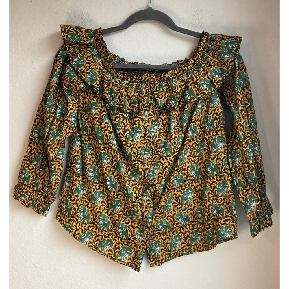 New J Crew sz.0 shirt Off-the-shoulder Ratti elephant novelty All Over Print